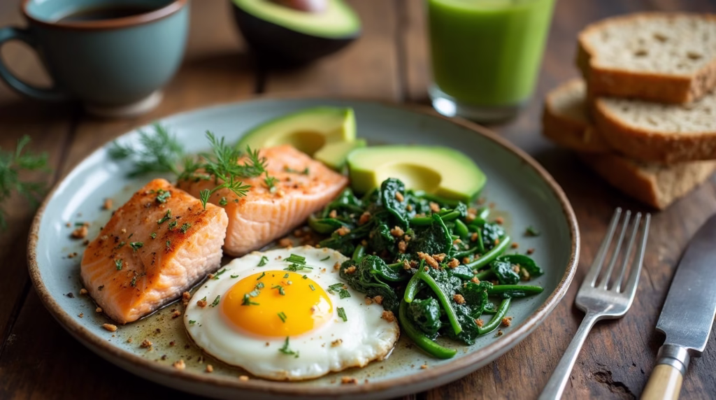 A healthy salmon breakfast plate with salmon fillets, eggs, avocado, spinach, and toast.