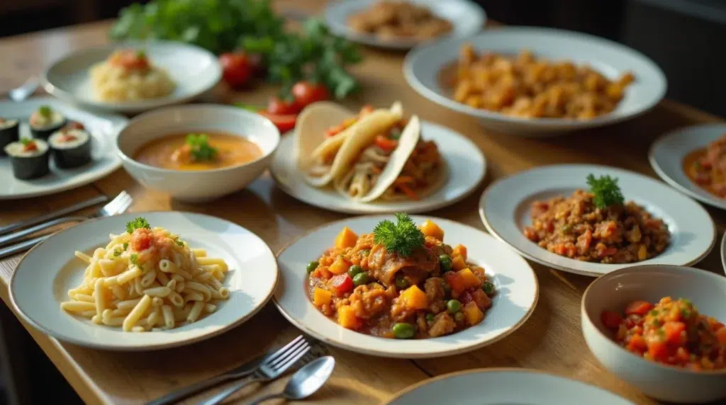Colorful global dishes on a dinner table, showcasing easy recipes from different cuisines
