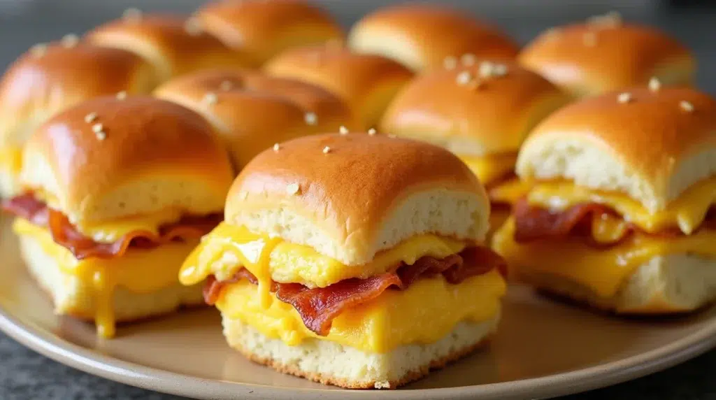 A close-up of golden Hawaiian roll breakfast sliders filled with scrambled eggs, beef bacon, and melted cheese, topped with a buttery glaze