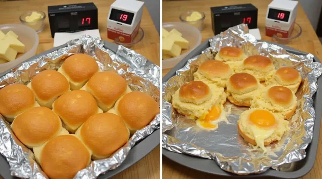 Hawaiian Roll Breakfast Sliders showing a perfectly baked batch with one slider having overcooked eggs, foil and ingredients like butter, eggs, and cheese in the background.