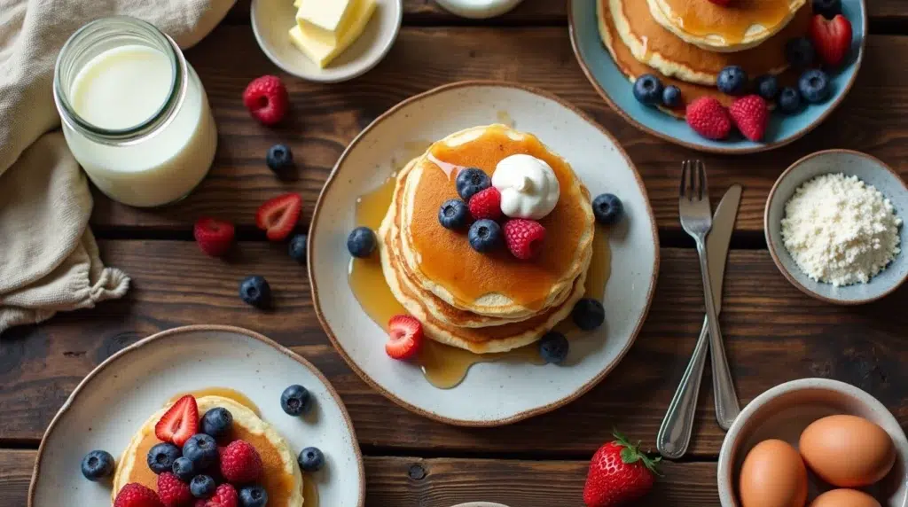A stack of fluffy buttermilk pancakes topped with fresh berries, whipped cream, and maple syrup, with a rustic wooden table and ingredients around it.