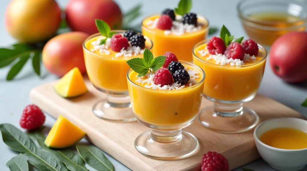 Mango Fruit Dessert Recipes – A delicious tropical mango mousse topped with coconut flakes and mint leaves, served in elegant glass cups.