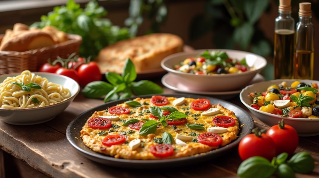 A vibrant and delicious spread of Italian potluck ideas featuring pasta salad, grilled vegetables, and fresh mozzarella.