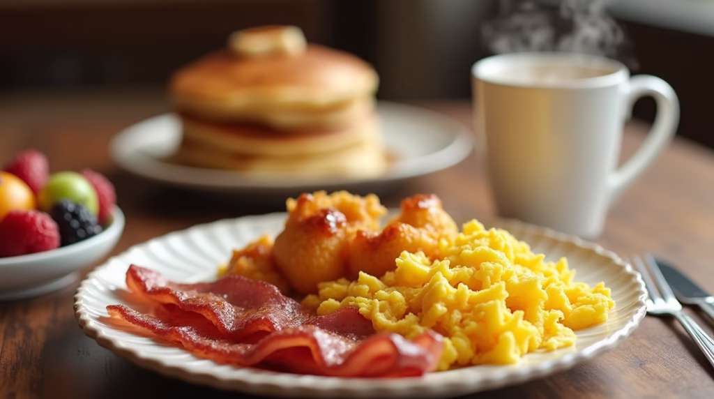 A full American breakfast served with coffee and fresh fruit.