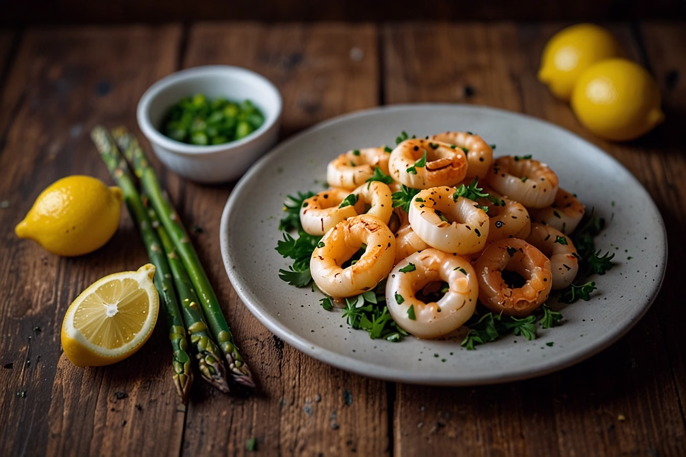 A plate of sautéed squid rings with fresh herbs, lemon zest, and roasted vegetables, including asparagus and bell peppers.