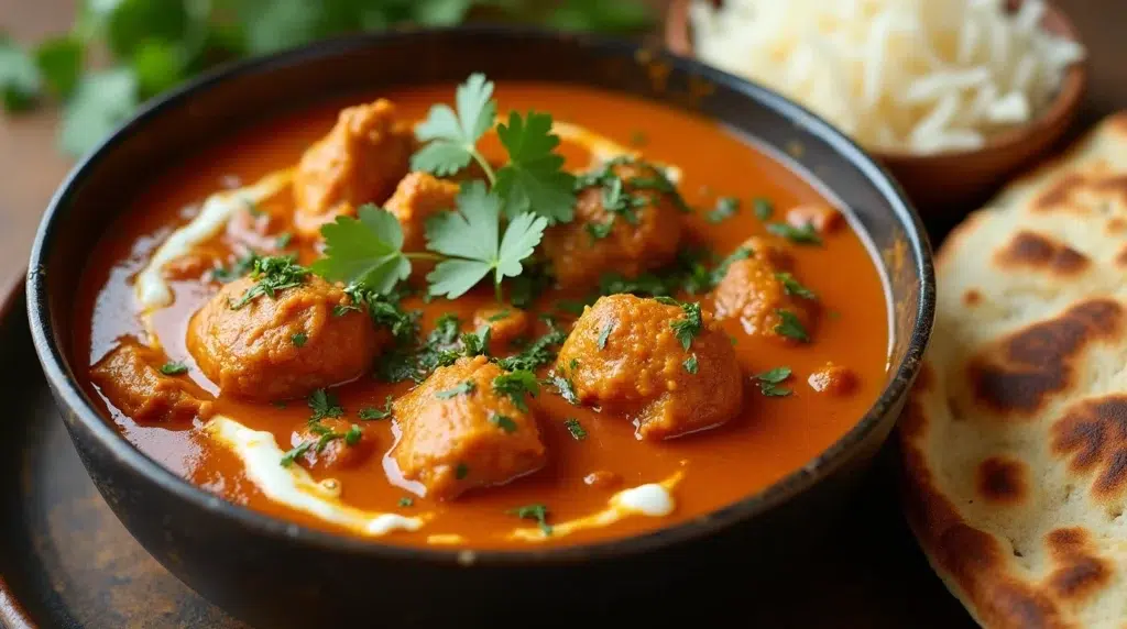 : A bowl of creamy chicken curry with basmati rice and naan bread.