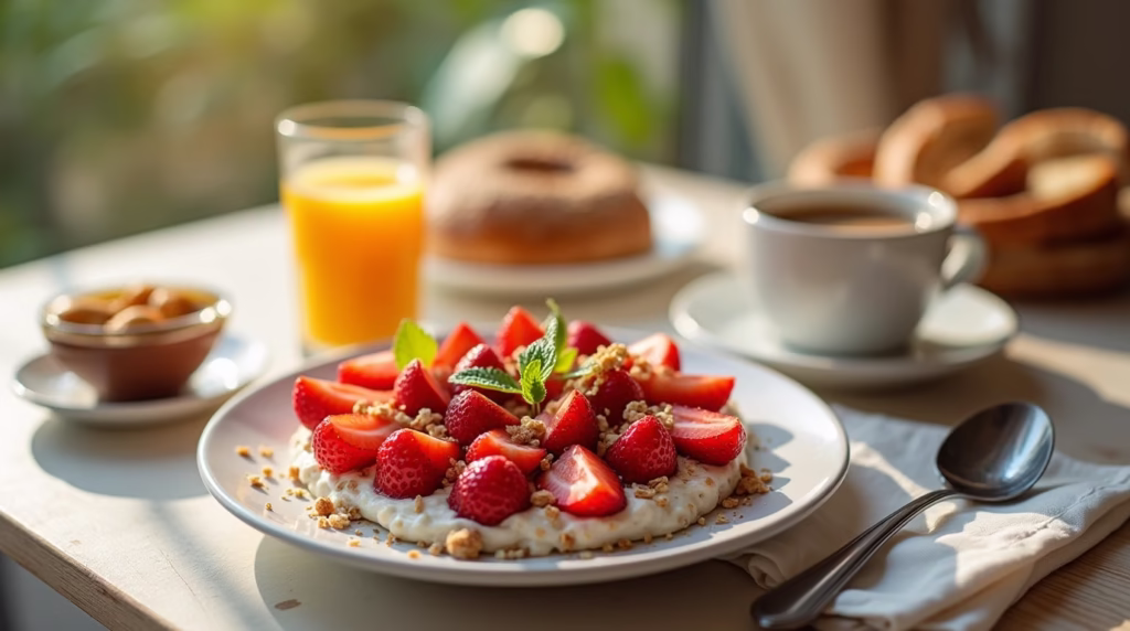 A vibrant strawberry breakfast bowl with yogurt, oats, chia seeds, nuts, and granola, perfect for a healthy and energizing morning.