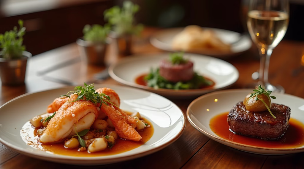 Three American fine dining dishes: Lobster Newberg, Filet Mignon, and Grilled Foie Gras.