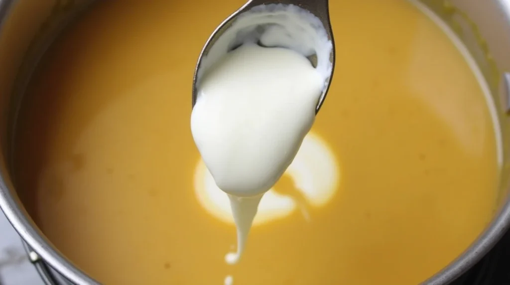 Stirring sour cream into Hungarian Mushroom Soup.