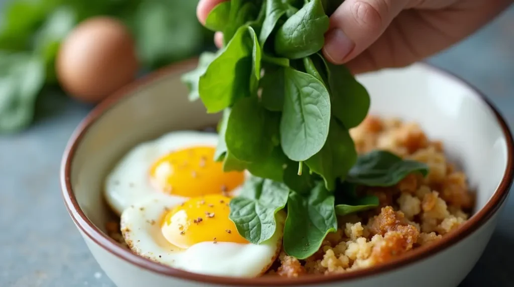 Tossing fresh spinach into a high-protein breakfast bowl.