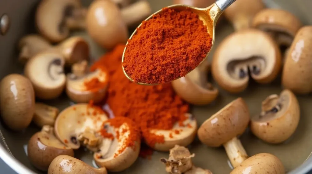 Adding paprika to sautéed mushrooms in a pot.