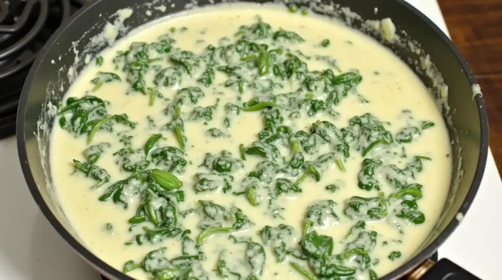 Fresh spinach wilting into creamy Alfredo sauce in a skillet.