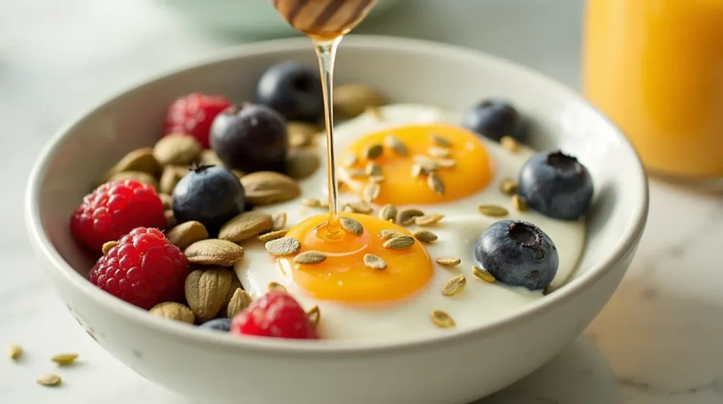 Topping Greek yogurt with scrambled eggs, pumpkin seeds, hemp seeds, and mixed berries.