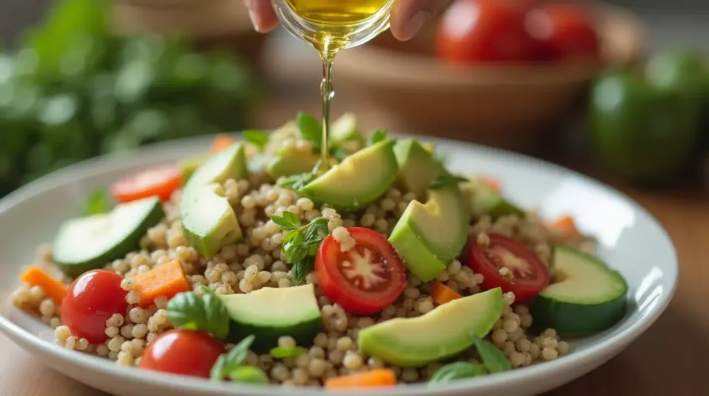 Adding more olive oil and lemon juice to adjust the salad’s taste.