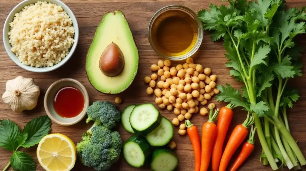 Ingredients for a gestational diabetes-friendly meal: quinoa, chickpeas, avocado, and fresh veggies