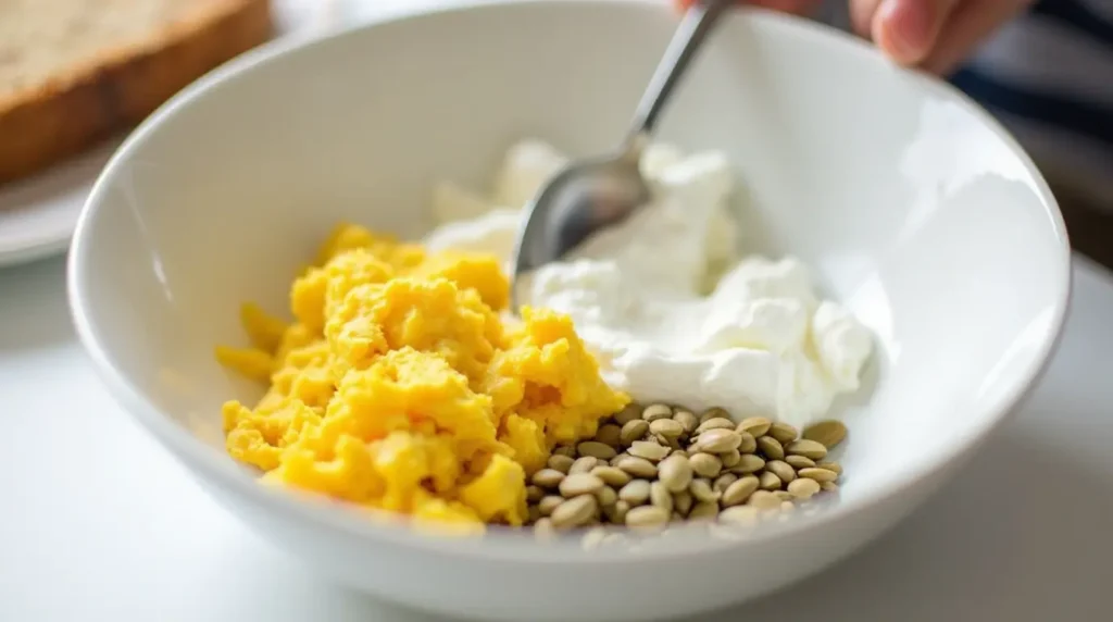 Scooping Greek yogurt into a bowl for a high-protein breakfast.