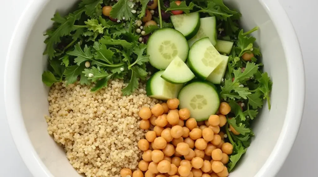 Assembling a salad with quinoa, chickpeas, and fresh veggies in a large mixing bowl.