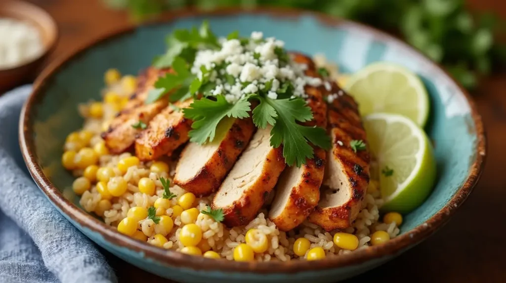 Assembling a vibrant Street Corn Chicken Rice Bowl with all the toppings.