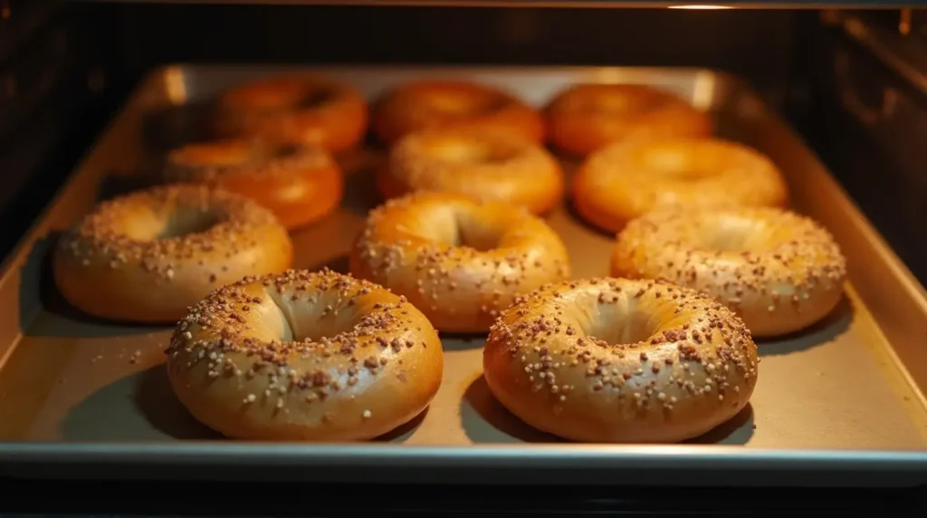 Protein bagels baking in the oven until golden brown.