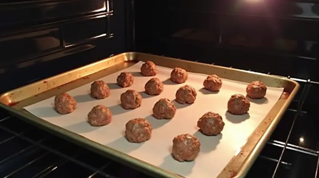 Baked chicken ricotta meatballs on a baking sheet, ready for the oven.