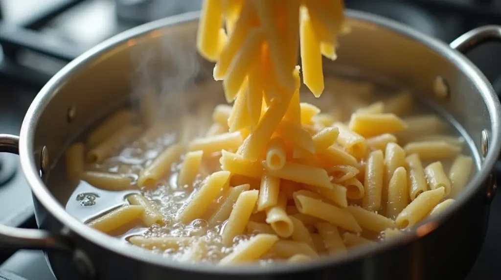 Boiling salted water with pasta being added to cook.