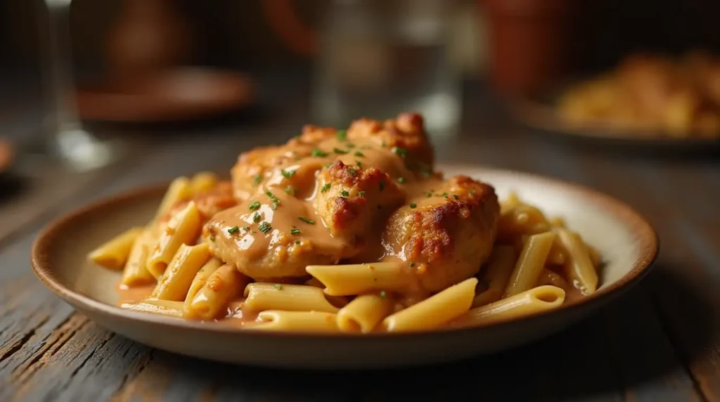 A cozy dinner setting with creamy chicken pasta on a rustic table.