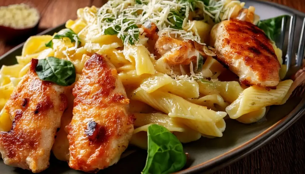 Creamy chicken pasta dinner with tender chicken slices, spinach, and Parmesan.