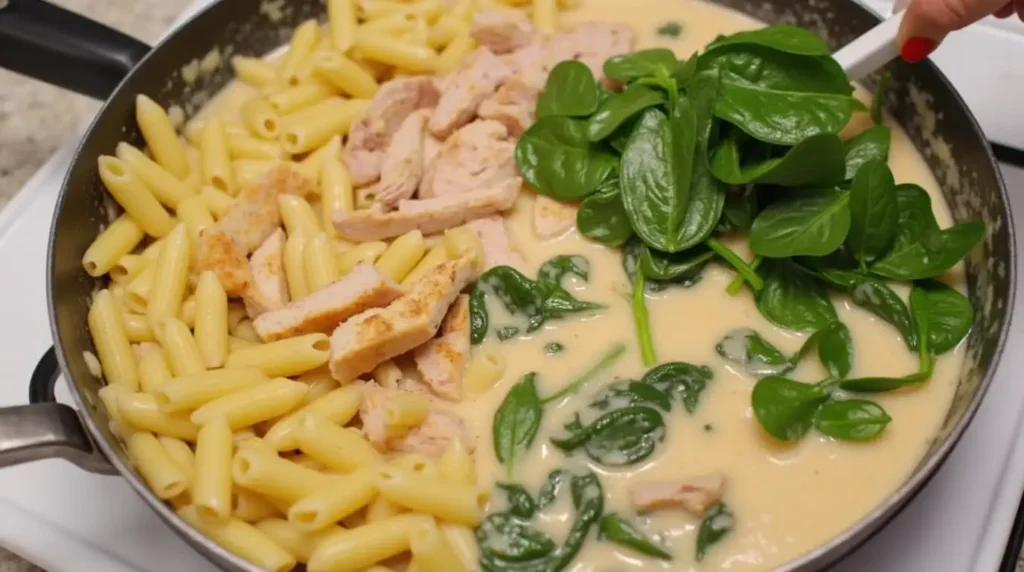 Pasta and chicken mixed with creamy sauce in a skillet.