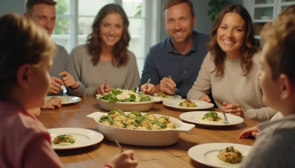 Family enjoying Southern Style Baked Chicken Ricotta Meatballs at the dinner table.