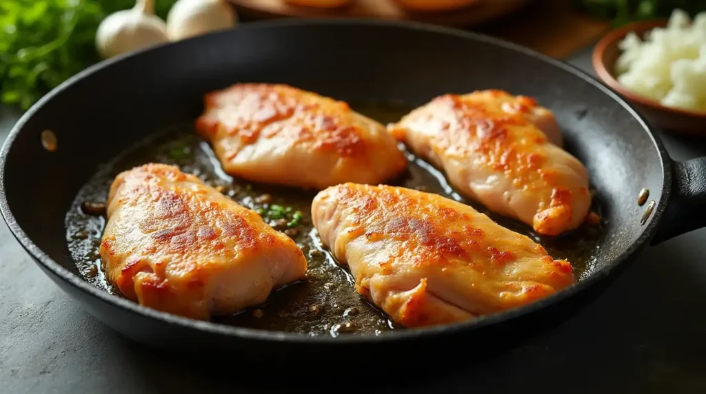 Seared chicken breasts in a skillet with onions and garlic.