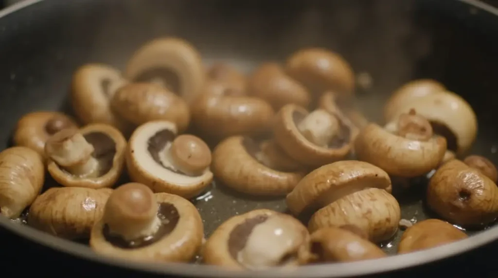 Mushrooms sautéing in a pot, releasing moisture.
