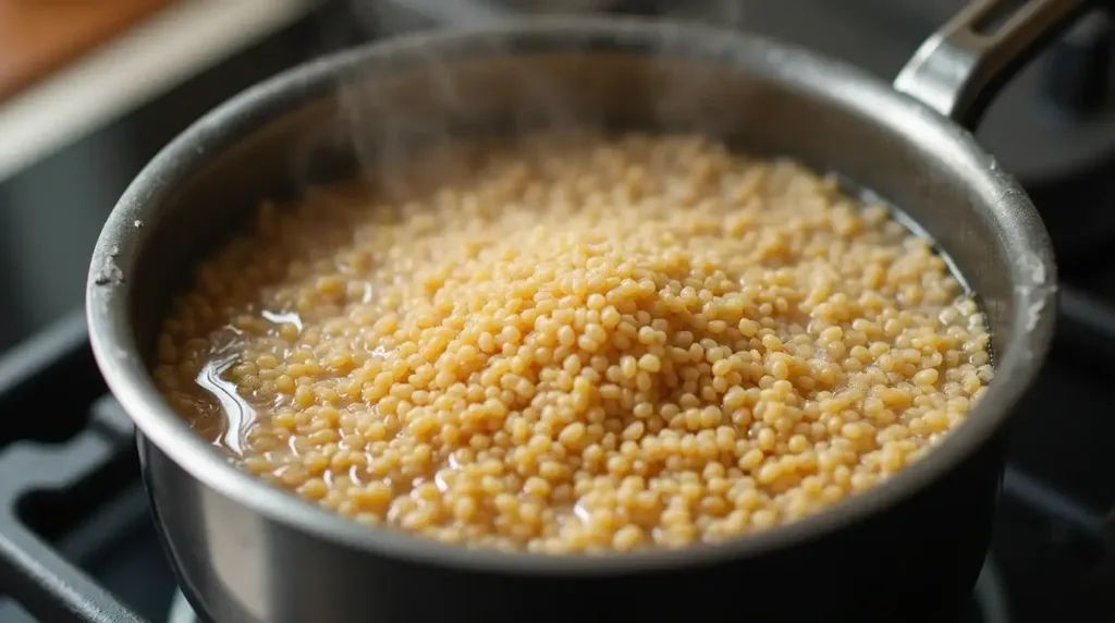 Cooking quinoa on the stovetop with boiling water.