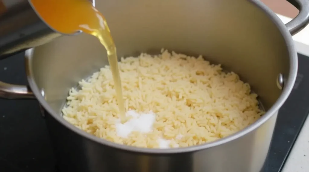 A saucepan on the stove with water and rice being added for the dish.