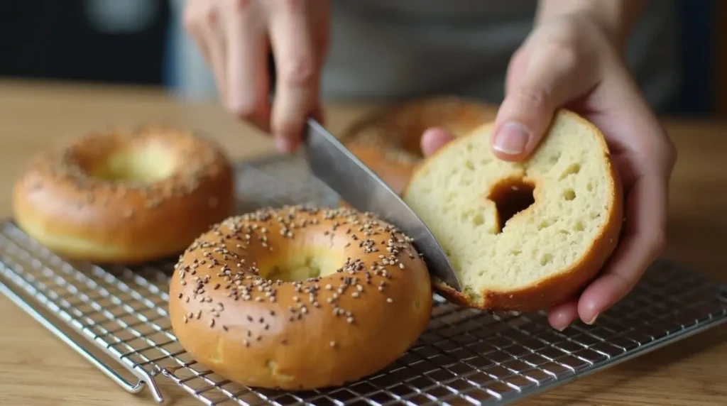 Protein bagels cooling on a rack with one sliced open to reveal a fluffy interior.