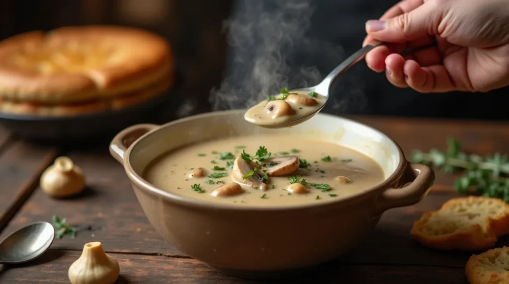Steaming bowl of Hungarian Mushroom Soup on a rustic table.