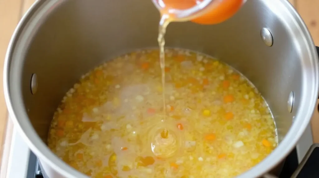 Pouring broth into the pot with sautéed vegetables and mushrooms.
