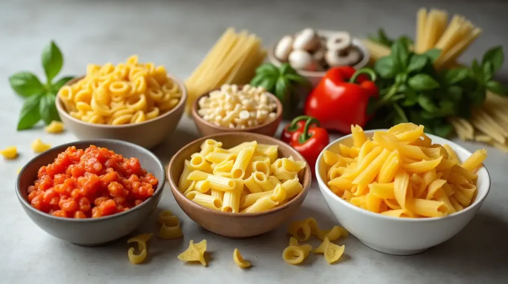 Variety of pasta shapes and optional ingredients for customization.