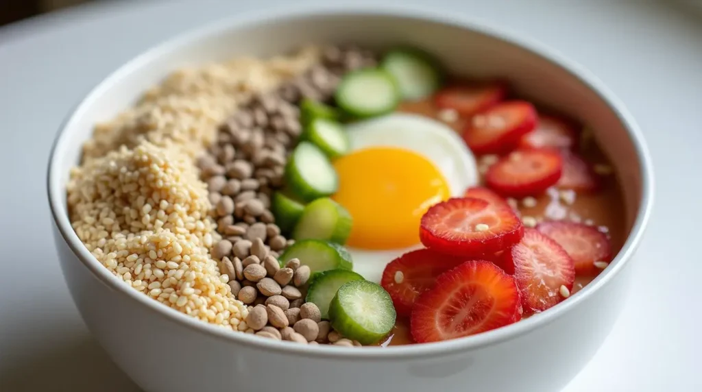 High-protein breakfast bowl with customizable toppings like seeds and protein powder.