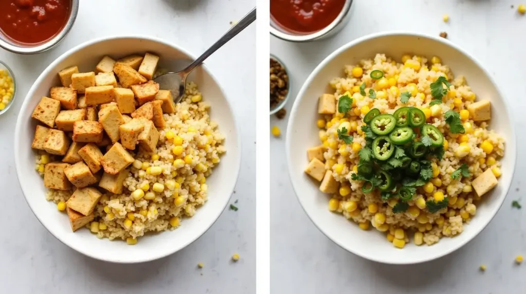 A variation of the Street Corn Chicken Rice Bowl with tofu and extra toppings like jalapeños.