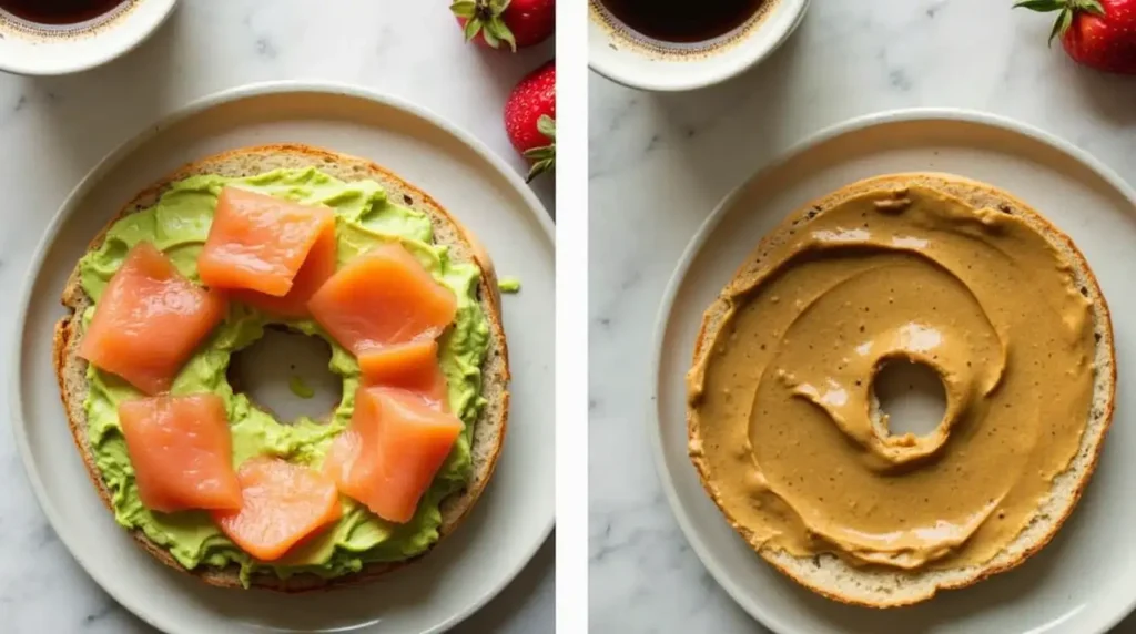 Protein bagels with savory and sweet toppings, such as avocado and smoked salmon or almond butter and honey.