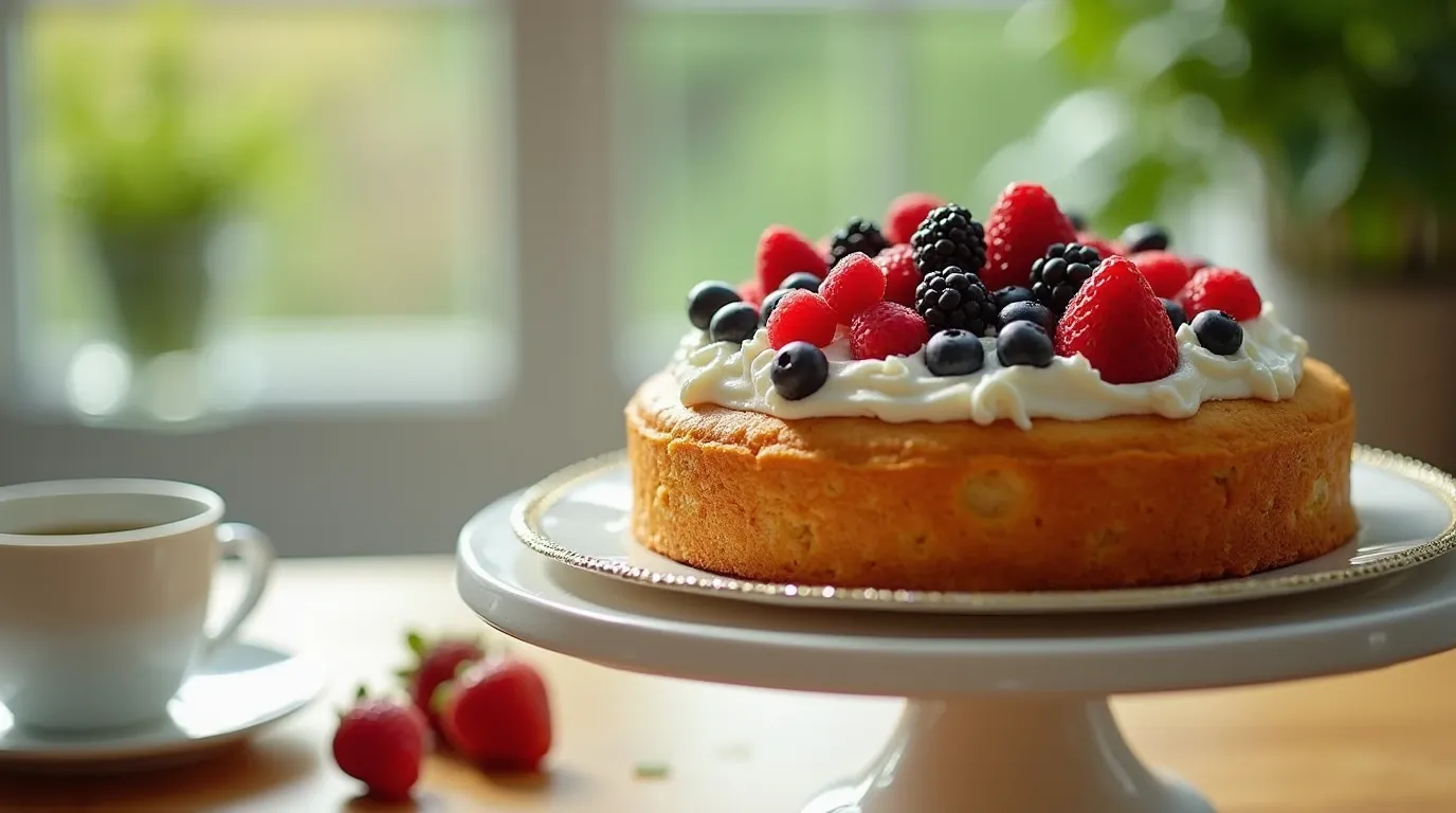 A close-up of a sugar-free cake topped with fresh berries and whipped cream, with a cup of coffee beside it.