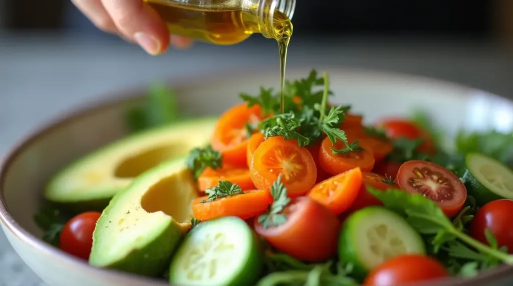 Drizzling olive oil and lemon juice over a fresh salad.