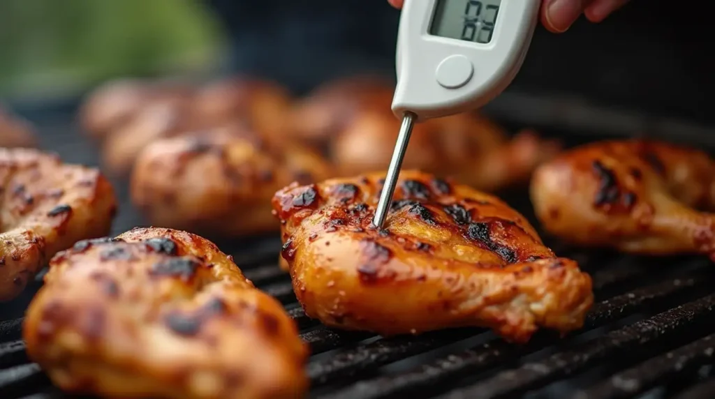 A thermometer checking the internal temperature of grilled chicken.
