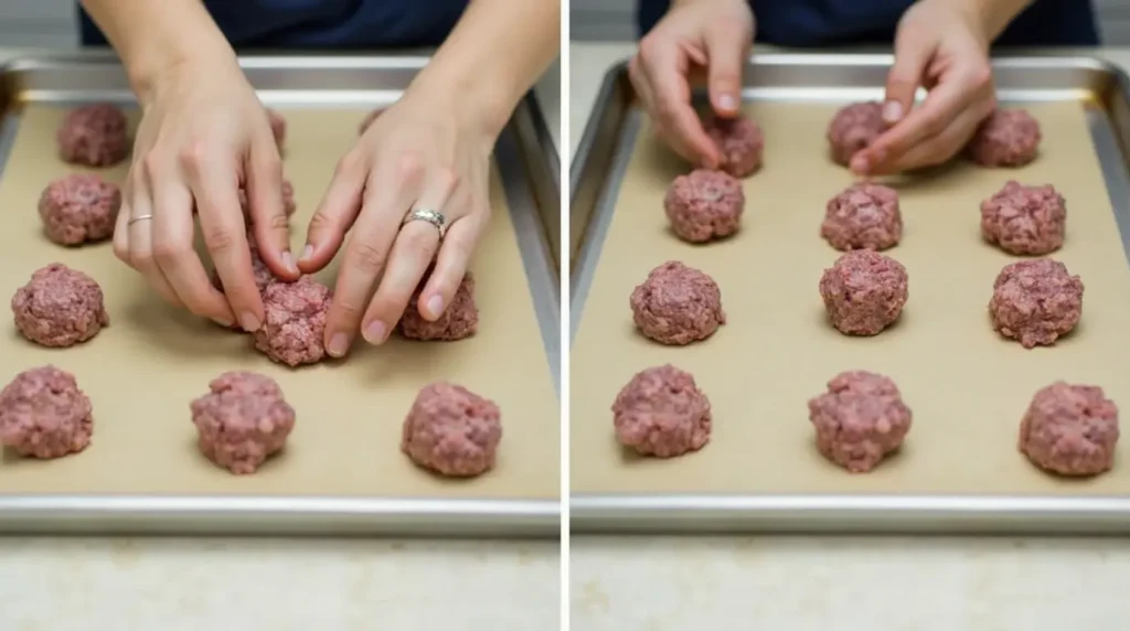 Rolling chicken ricotta meatball mixture into balls and placing them on a baking sheet.