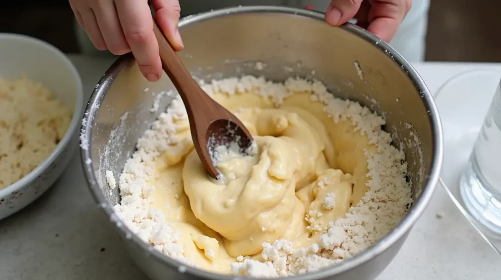 Mixing wet ingredients into dry ingredients to form dough for protein bagels.