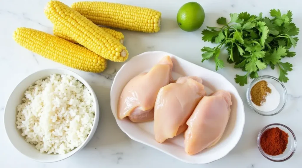 Fresh ingredients including chicken breasts, corn, rice, and spices for Street Corn Chicken Rice Bowl.