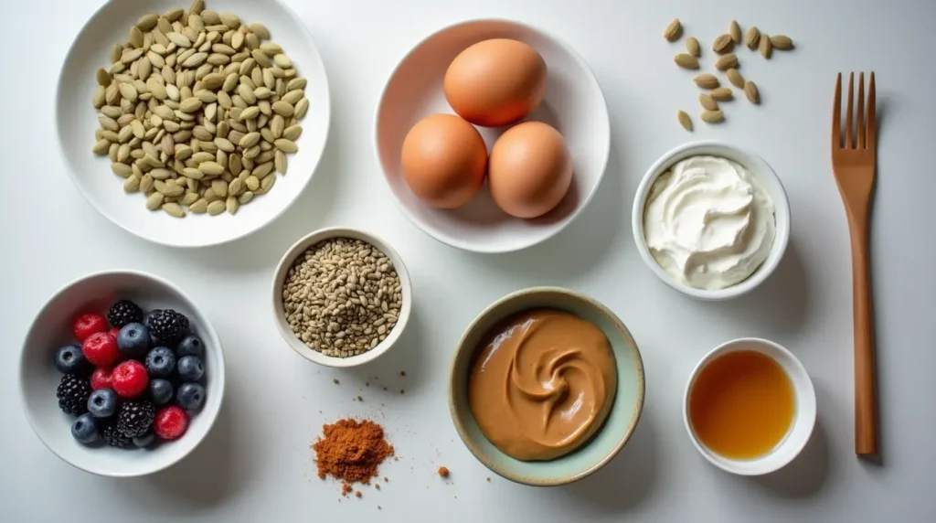 •: Ingredients like quinoa, eggs, smoked salmon, avocado, spinach, and tahini on a countertop.