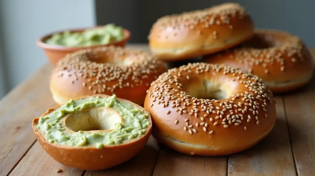 A batch of golden brown protein bagels with sesame seeds on a rustic wooden surface, some sliced to reveal a fluffy interior.
