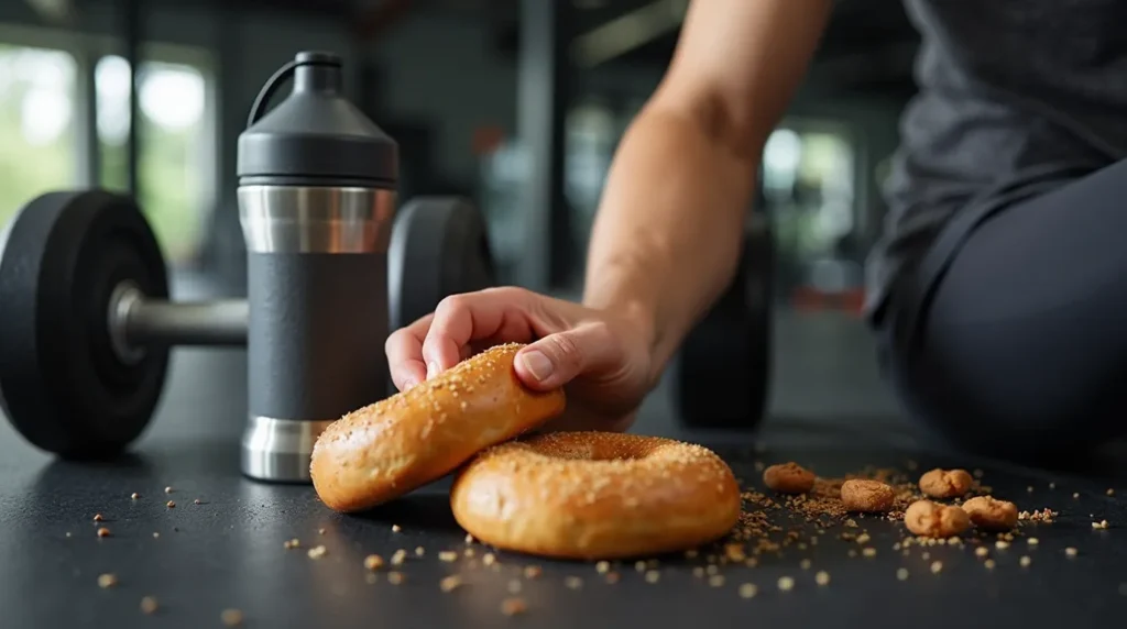 A post-workout scene with a protein bagel next to a water bottle and dumbbell.