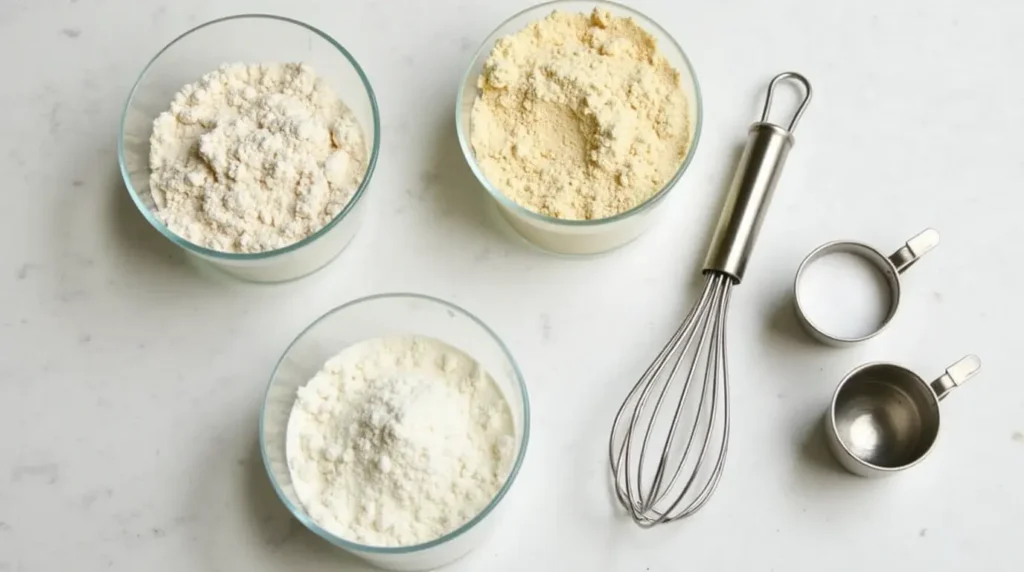 Almond flour, whey protein powder, and baking powder arranged on a kitchen counter.